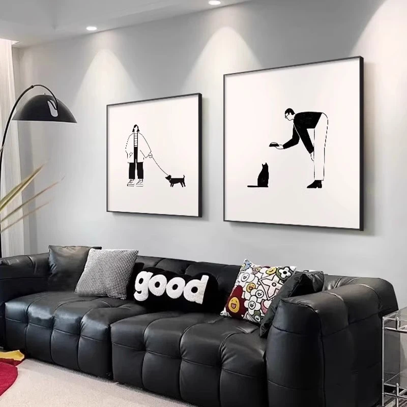 黑白招财猫正方形挂画现代简约沙发背景墙壁画抽象客厅餐厅装饰画