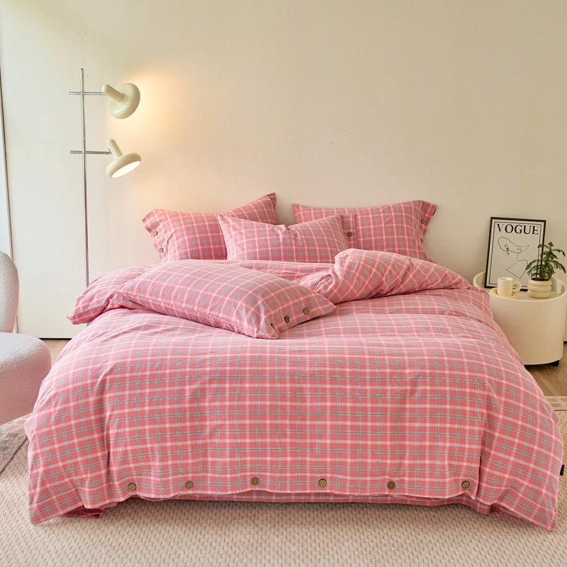 【新款】纽扣款A类全棉色织水洗棉四件套纯棉床单被套床上用品格子