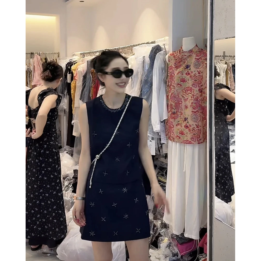 夏季新款百搭时尚高级感老钱风女装无袖马甲半身裙套装洋气衣服女