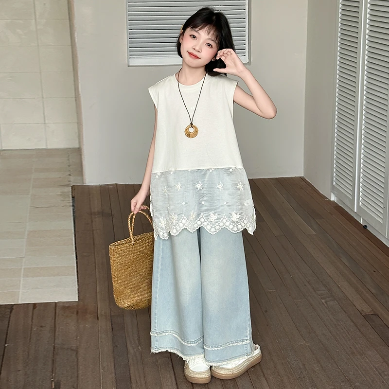 女童夏季韩系套装2025新款洋气中大童韩版蕾丝背心薄款牛仔阔腿裤