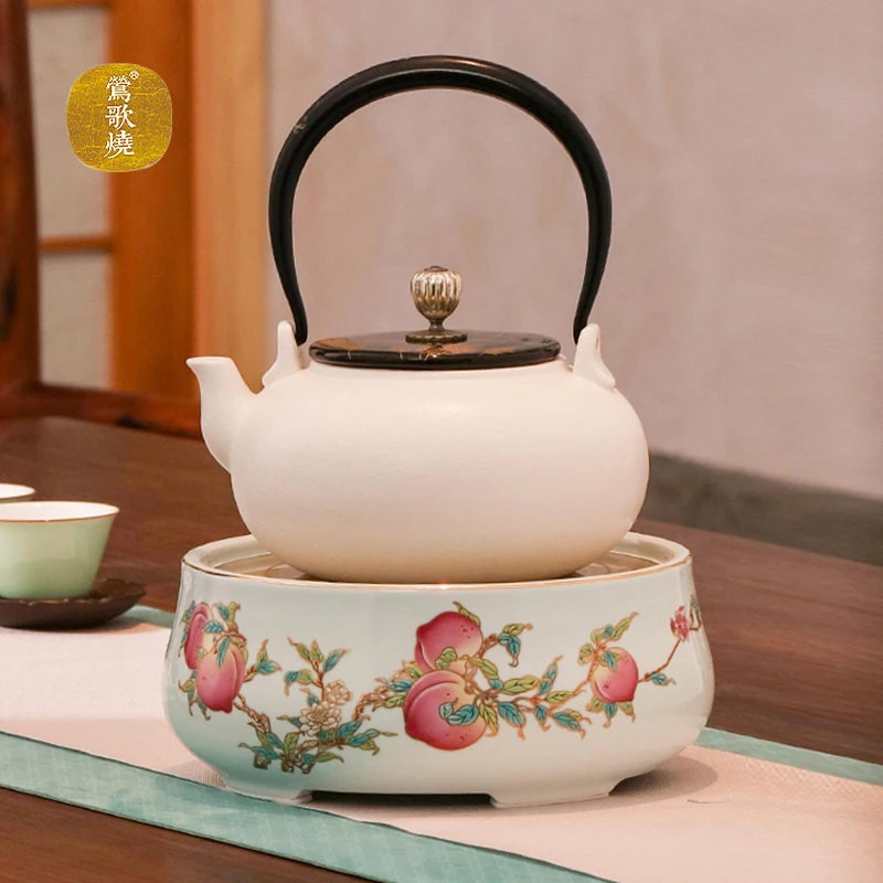 莺歌烧五桃献寿电陶炉家用煮茶茶炉泡茶烧水壶静音无线遥控煮茶器