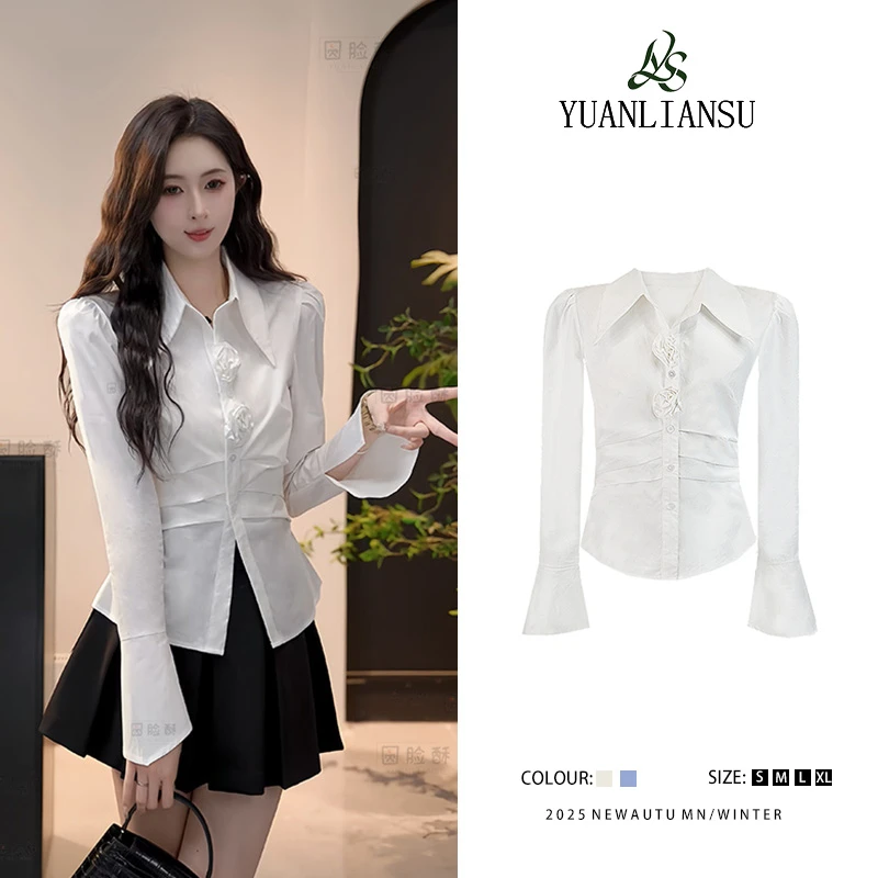 YUANLIANSU/圆脸酥【春日絮语】韩系小众设计感立体花朵收腰衬衫女