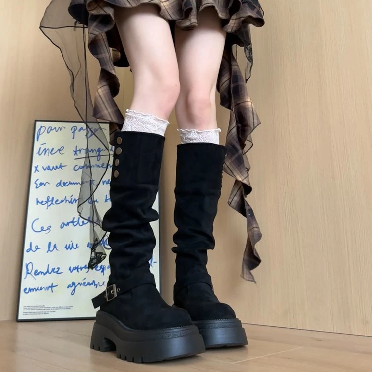 时装靴白色过膝弹力网红筒靴圆头百搭冬季秋季中筒