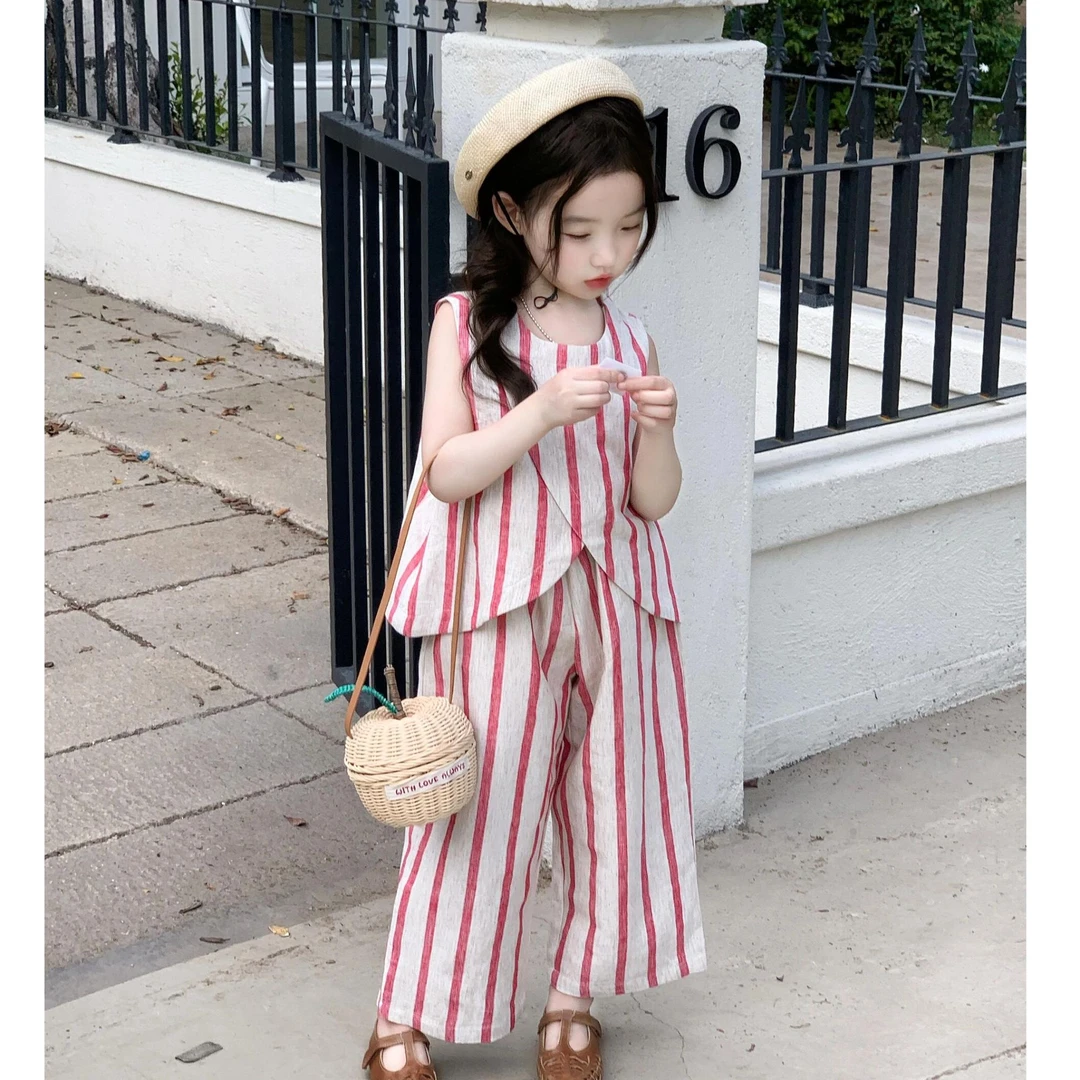 小惜亦女童2025夏季新款韩版红条纹背心阔腿裤两件套女宝洋气套装