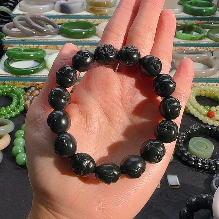 未镶嵌手串和田玉沙枣青佛头串