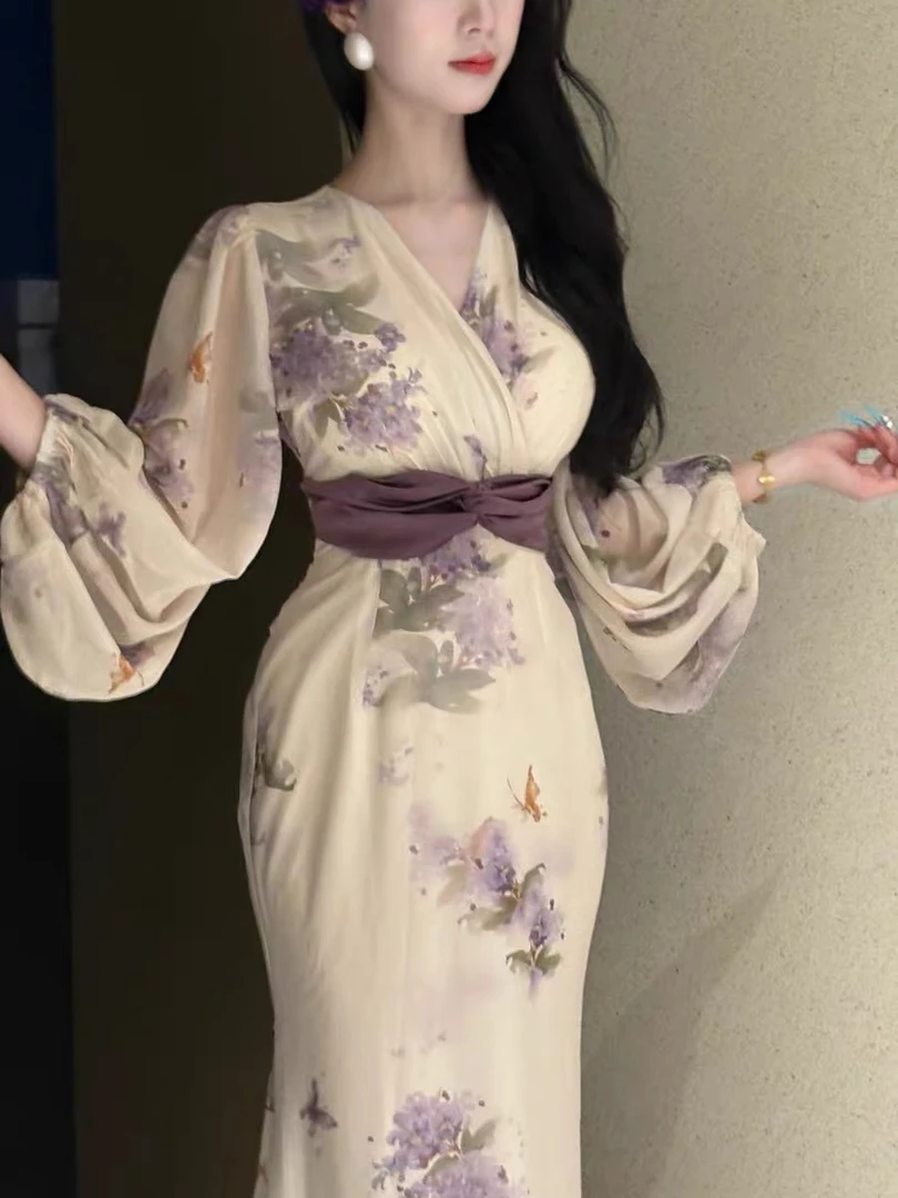 围巾领V领碎花显瘦中长裙连衣裙气质汉元素夏季系带中国风气质修