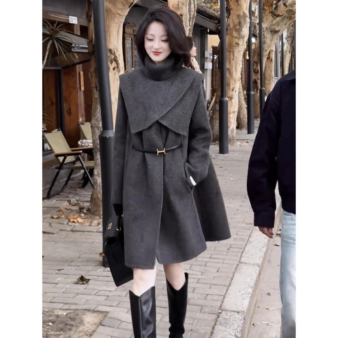 高级感毛呢外套女2025秋冬新款韩版宽松显瘦可拆卸斗篷呢子大衣潮