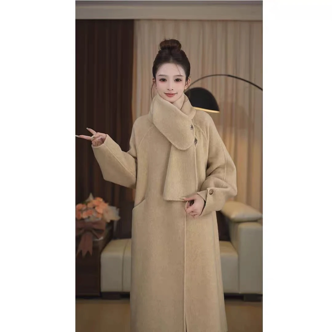 苏丽羊驼毛可拆卸围巾领长款双面羊毛大衣女毛呢外套