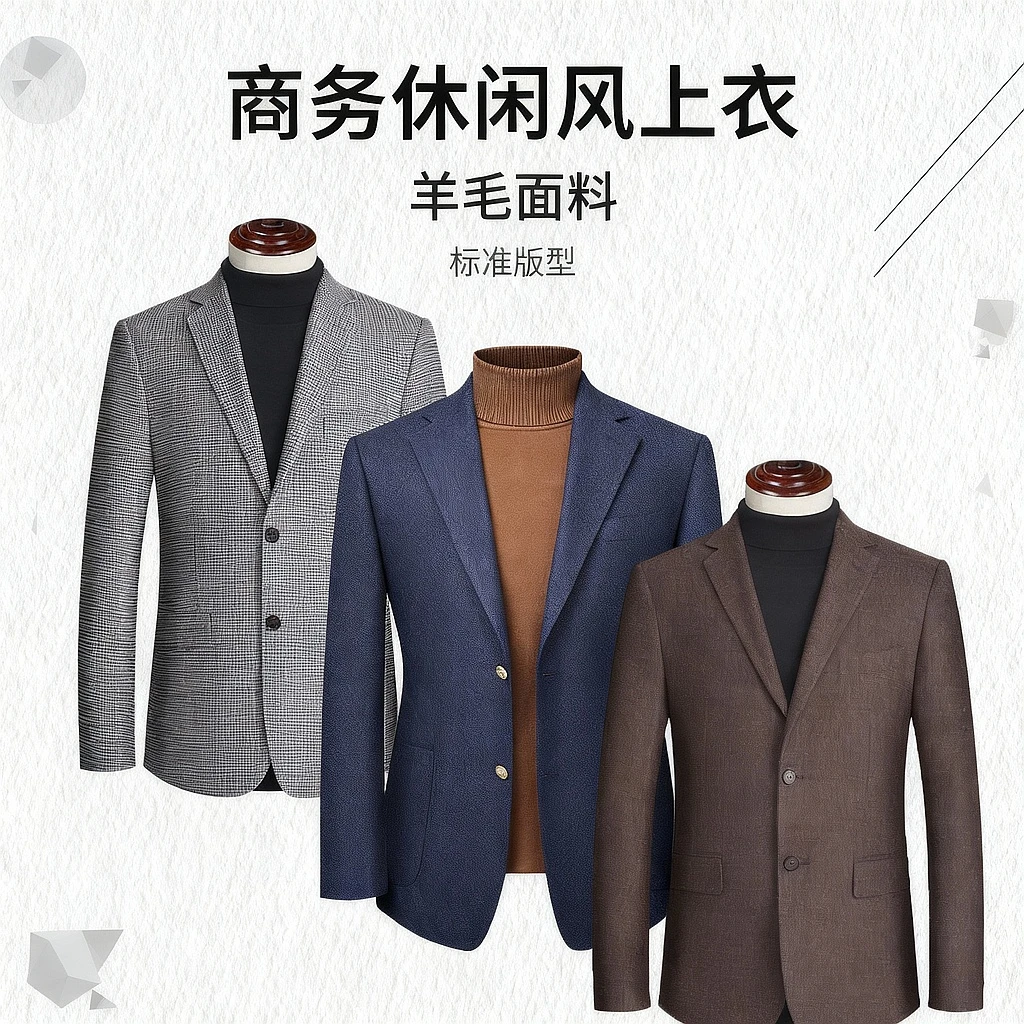 高定千鸟格羊毛西服男士单件商务休闲上衣双开叉外套牛角扣西服男