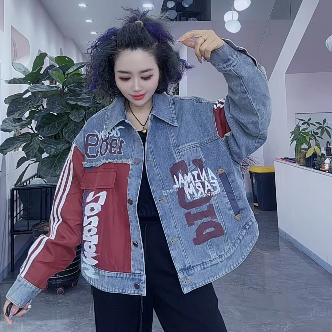 重工春季宽松设计师拼色加棉牛仔短外套