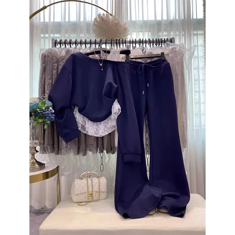 胖mm300斤韩系高级感休闲秋季拼接露肩长袖卫衣阔腿裤两件套套装