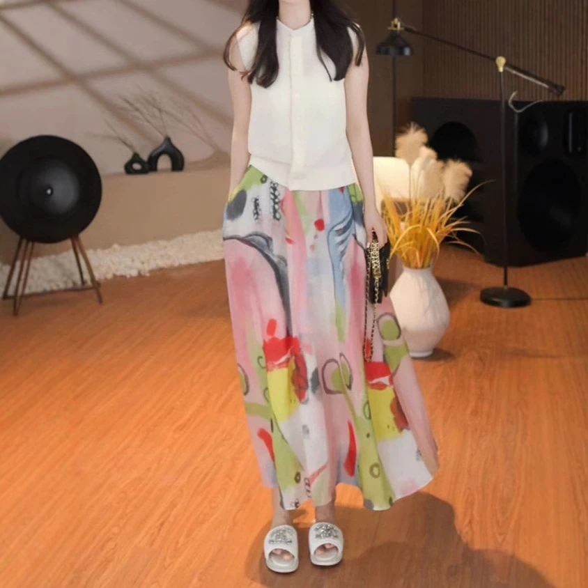 2025年小众炸街女装夏季无袖针织开衫撞色半身裙套装温柔知性衣服