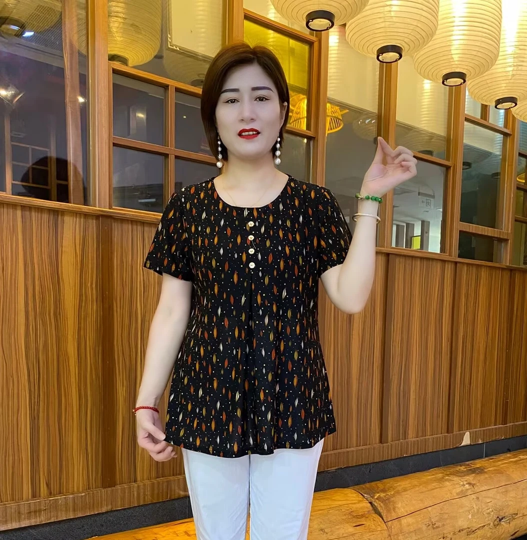 夏季新款大码圆领碎花气质减龄宽松褶皱显瘦妈妈装洋气衫