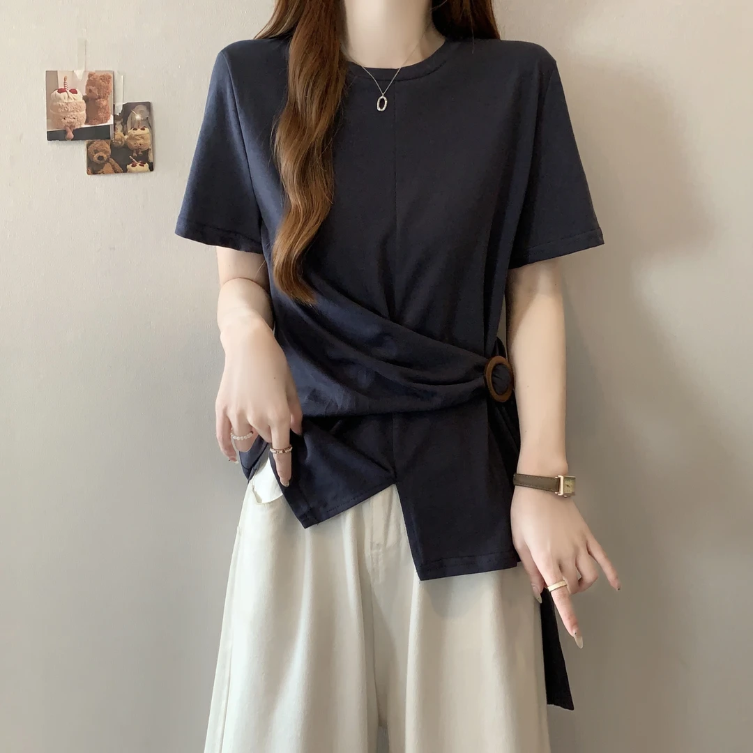 大码不规则设计感正肩短袖女T恤夏胖mm显瘦遮肉开叉收腰绑带上衣