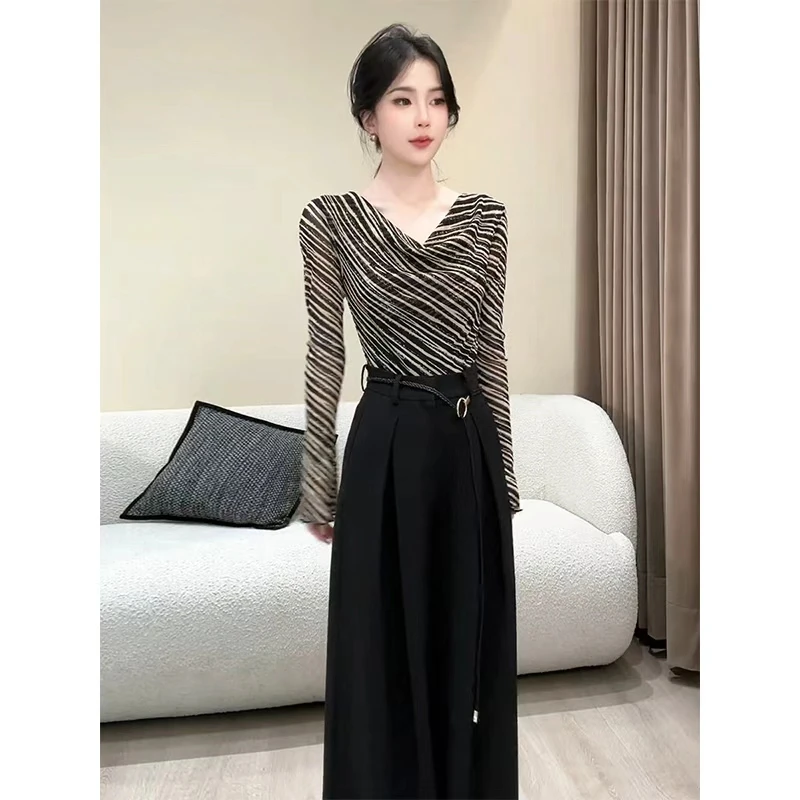 2025早秋新款高级感气质御姐修身显瘦一字肩打底衫T恤阔腿裤套装