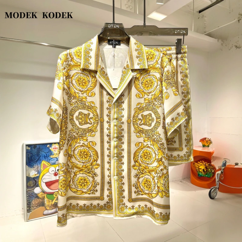 MODEK KODEK夏季新款男印花短袖衬衫高品质潮牌休闲短裤时尚套装