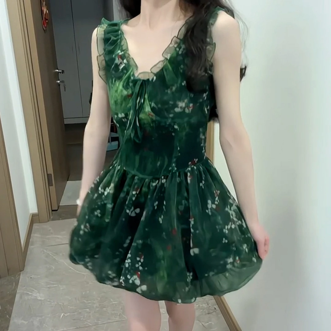 【现货+运补】绿色碎花吊带度假风气质收腰花苞短裙3624