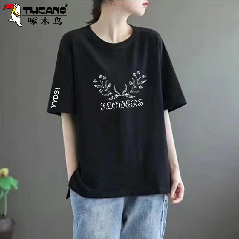 啄木鸟100%纯棉短袖T恤宽松减龄时尚圆领韩版中年妈妈装上衣女