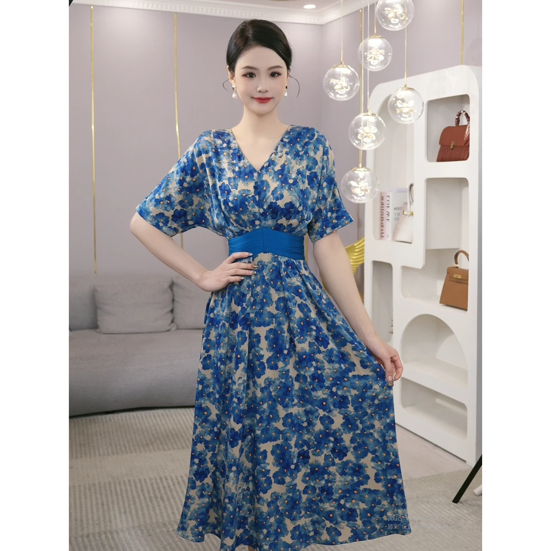 现货2025夏季新款【Q24-C237】法式气质小众设计款蓝色碎花连衣裙子