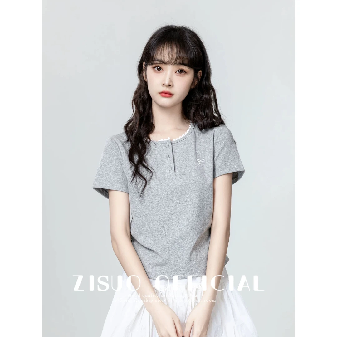 【又又】蕾丝花边短袖T恤女2025夏季新款褶皱收腰显瘦正肩体恤T恤