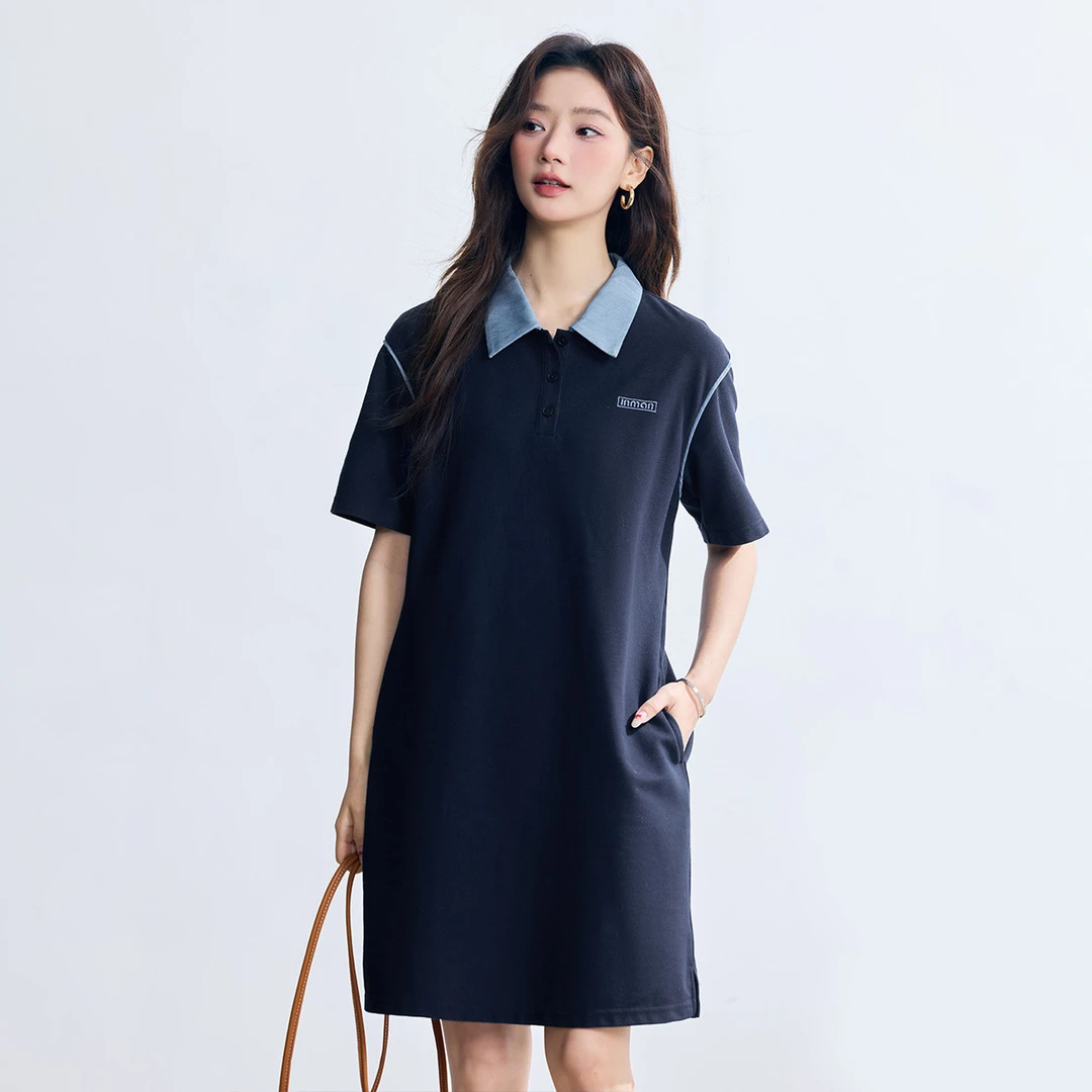 【618返场购】茵曼夏季学院风撞色POLO领T恤裙减龄运动球风连衣裙