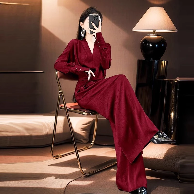 2025早秋新款气质通勤成熟御姐套装黑色v领衬衫提花阔腿裤两件套