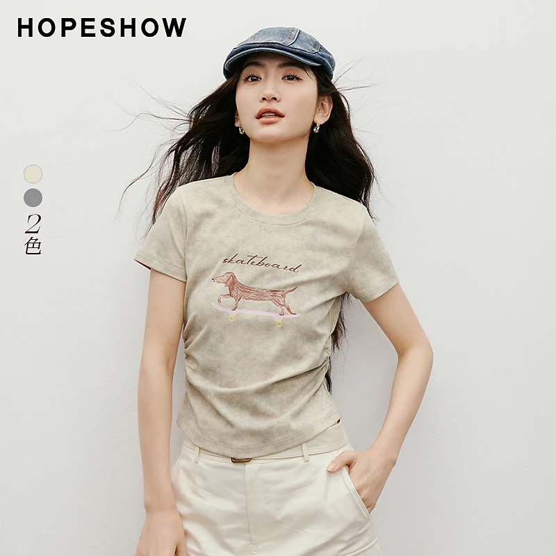 红袖2025夏女装  晕染腊肠狗小象字母印花抽皱圆领T恤90125230206