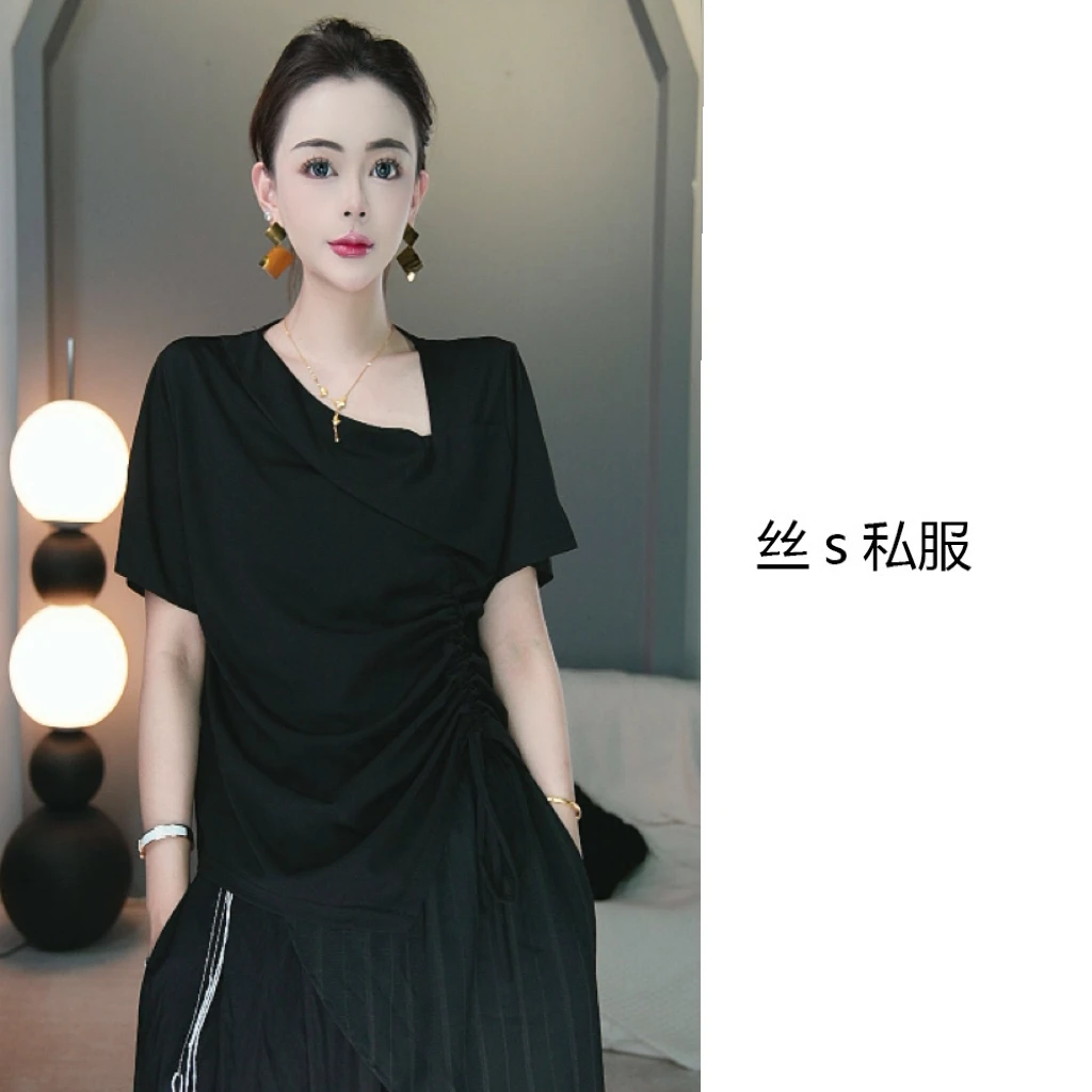 丝s私服【斜切领】夏季纯色抽拉式显高气质休闲上衣T恤HX5396