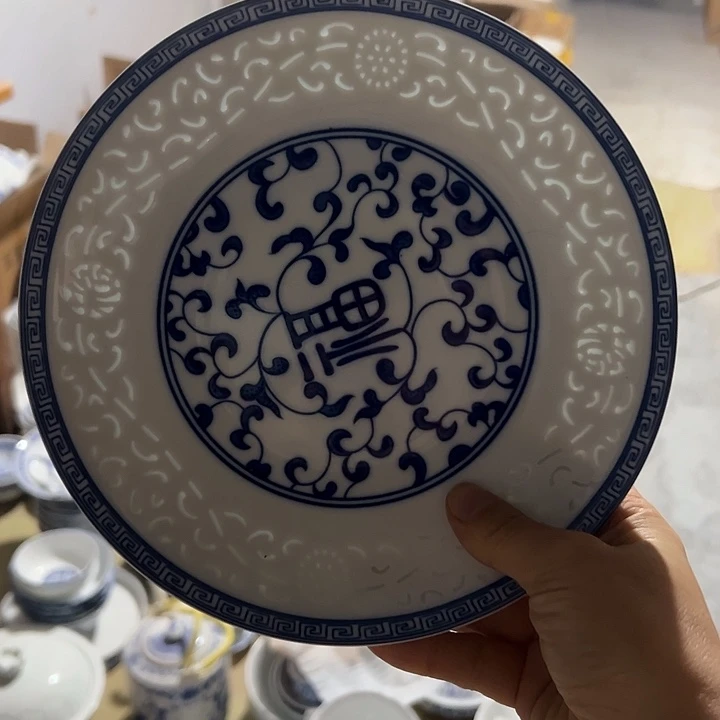 陶青花雕刻8寸双福字盘