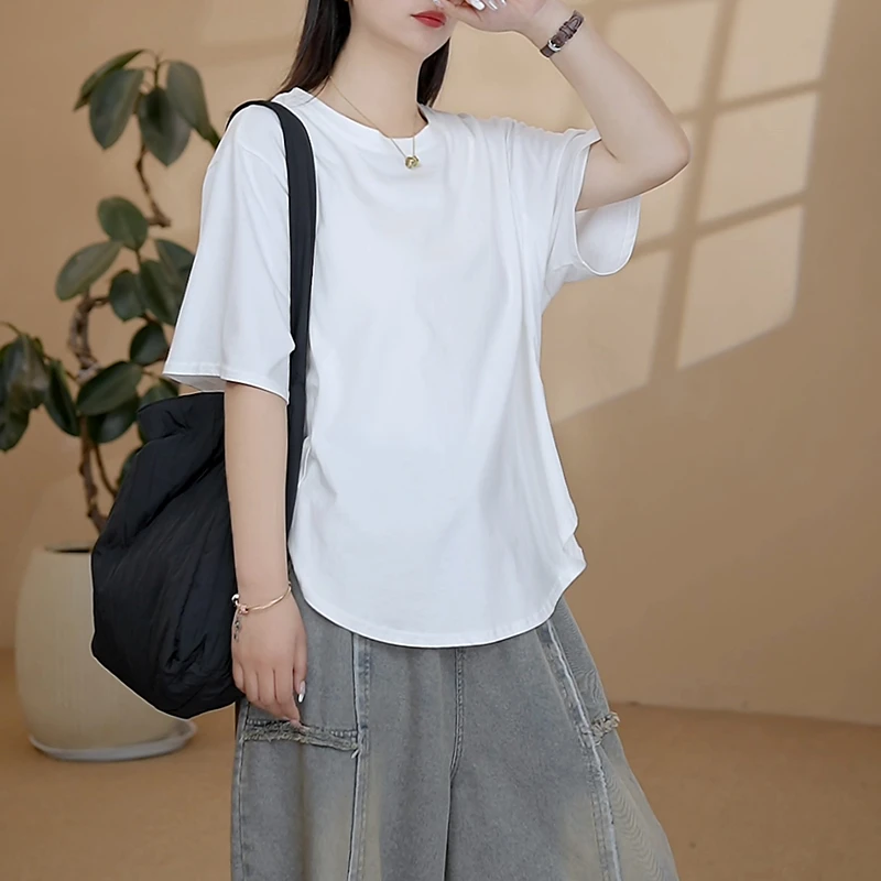 圆领五分袖纯色T恤春夏夏季设计感白色开叉宽松韩版忆昔3918