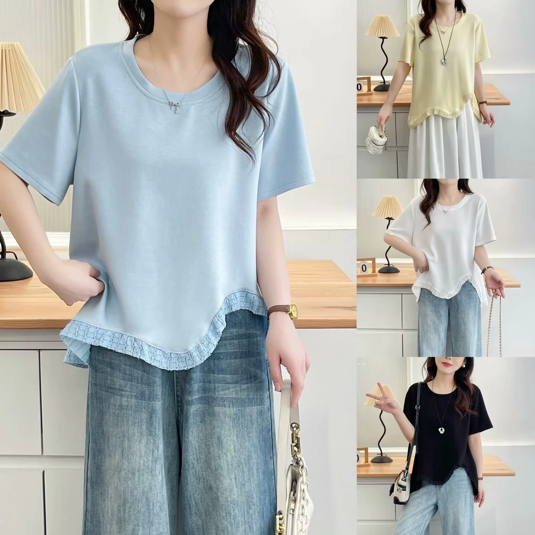 不规则设计感正肩短袖t恤女夏季大码女装宽松显瘦遮肚子别致上衣
