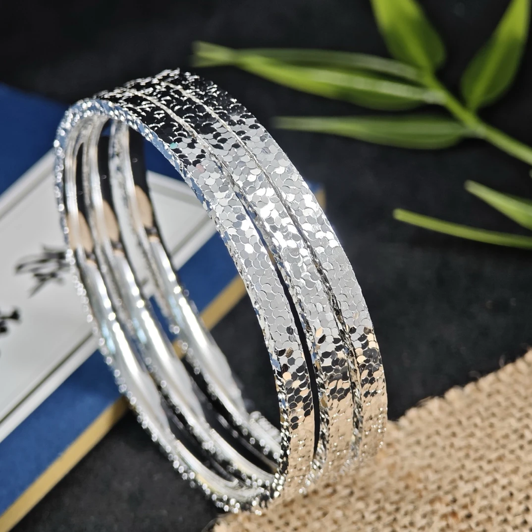 足银手镯 足银999.9三面碎冰冰实心手镯女鳞片爆闪爆闪银镯子