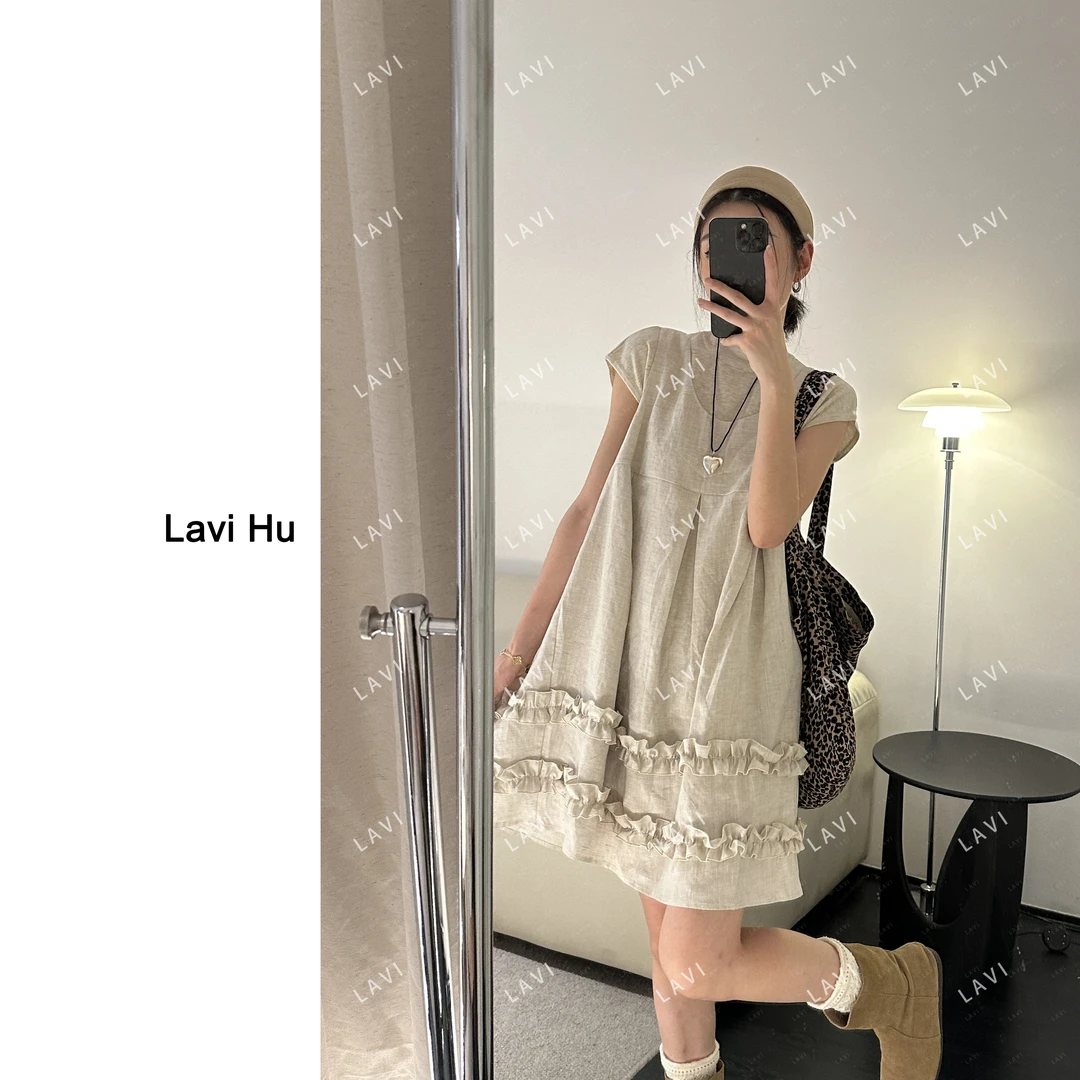 云半  天 丝+亚麻 韩系花边无袖吊带木耳背心裙LW1505