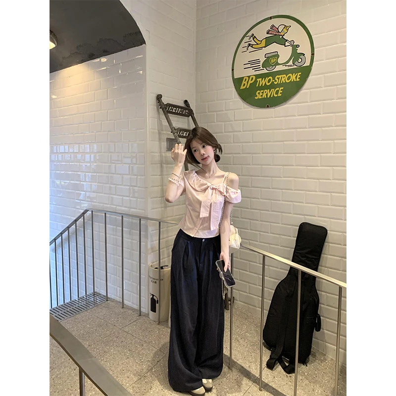 韩系气质甜美ins衣服斜肩吊带衬衫上衣高腰显瘦阔腿休闲长裤套装