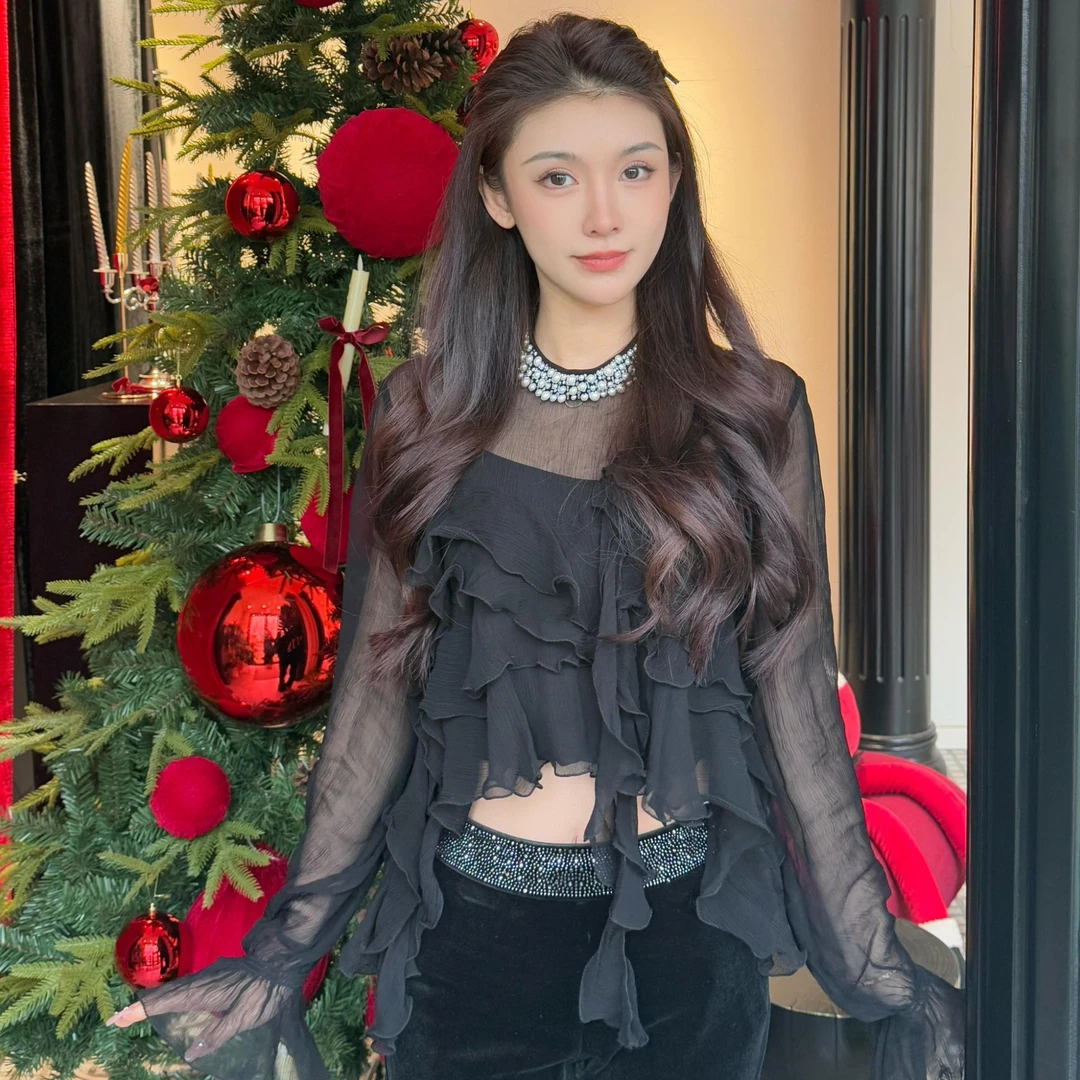 【DÉ MYSTÈRE】复古宫廷荷叶边圆领钉珠宽松打底上衣GZJGZJ68108-2