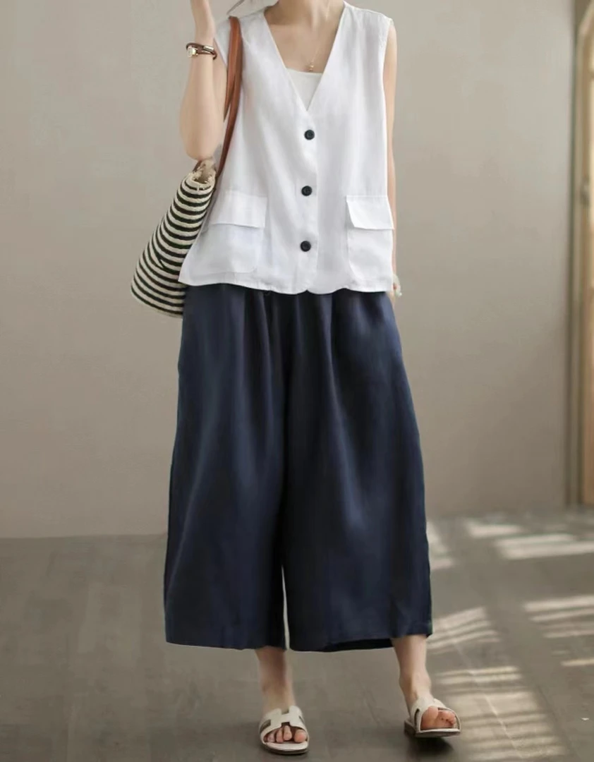 亚麻复古阔腿七分裤女宽松文艺高腰垂感裤子