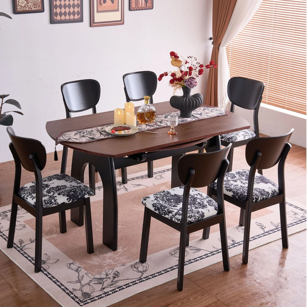 中古风可伸缩餐桌家用小户型方变圆桌法式复古风实木折叠圆桌饭桌