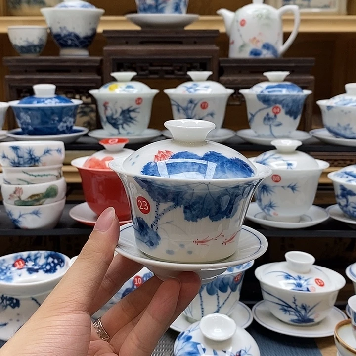 手绘荷花马蹄釉下彩高温瓷微瑕福利款盖碗