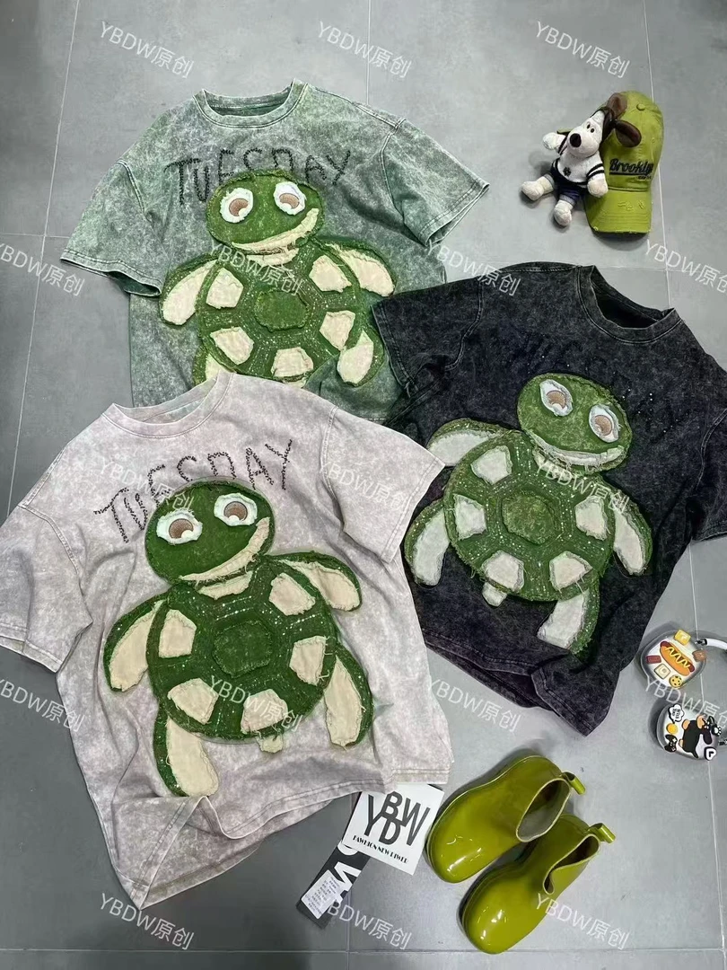 二龙欧货【小乌龟拼接牛仔洗褪短袖T恤】Y69039
