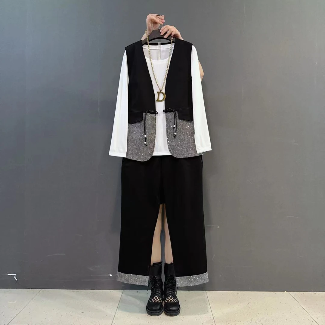 胖MM早春新款盘扣拼接马甲打底长裤休闲三件套