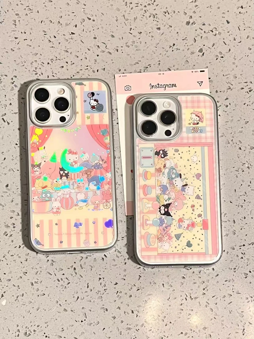 可爱KT三丽鸥派对碳纤维彩金壳适用苹果17/16/15/防摔手机壳