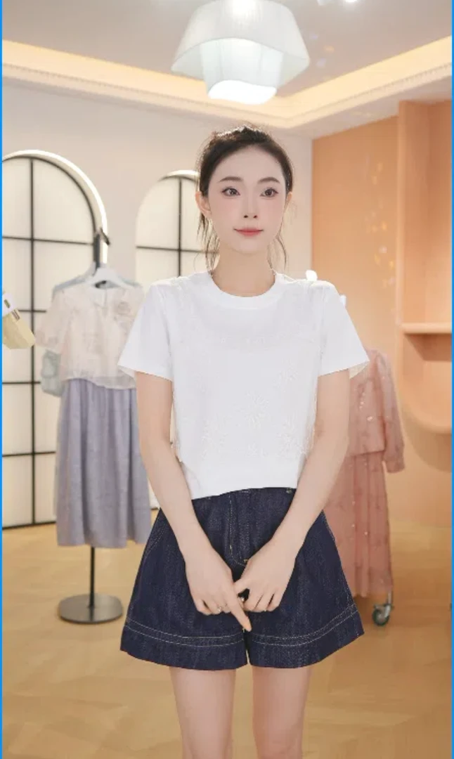 F2890夏季新款拼接假两件圆领短袖T恤女宽松显瘦小衫休闲百搭上衣