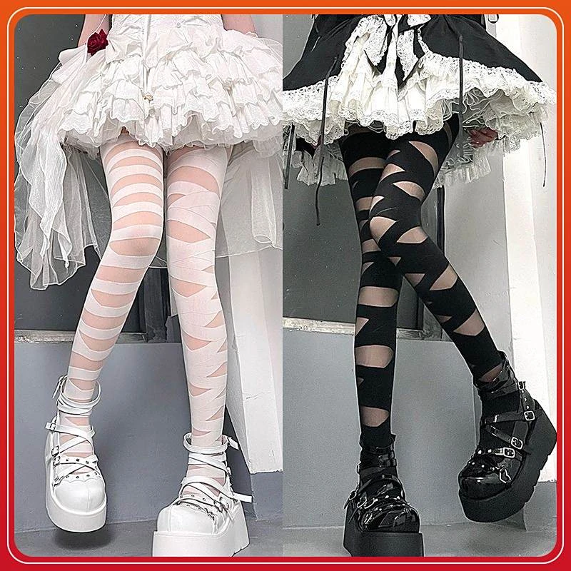 y2k亚文化辣妹黑白色绷带长筒过膝丝袜女洛丽塔连裤袜春夏薄款