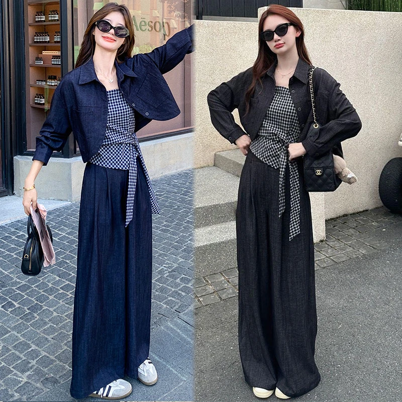 2025秋季新款女韩版时尚百搭格子吊带阔腿裤三件套套装潮春秋休闲