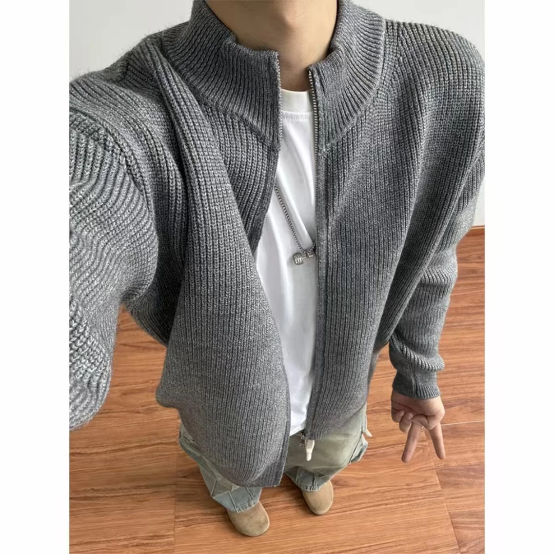 拉链立领潮流针织开衫毛衣男秋冬加厚纯色百搭卫衣修身外套上衣