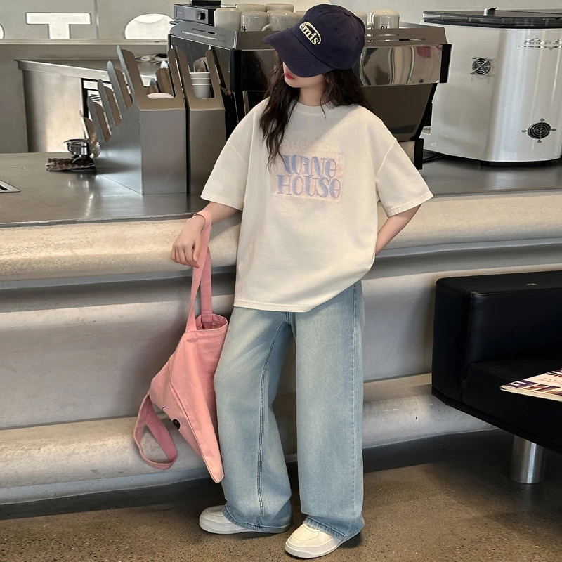女童夏季短袖t恤套装2025新款中大童宽松休闲半袖T时尚牛仔阔腿裤