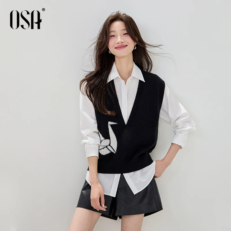 OSA/欧莎 复古提花背心马甲针织衫女慵懒宽松V领上衣S125C16054