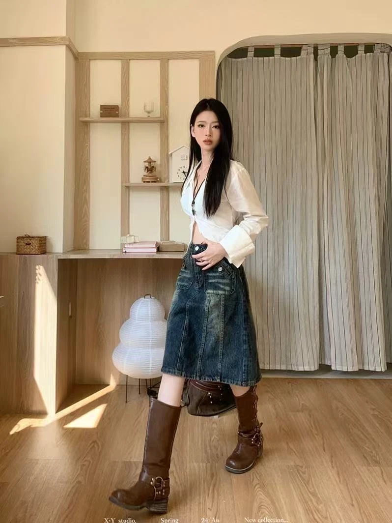 美式复古牛仔半身裙女装夏季裙子高腰显瘦直筒裙宽松做旧a字中裙