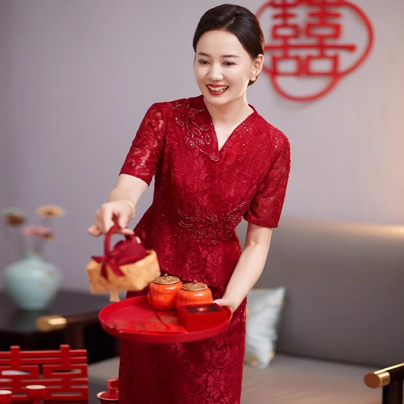 高档婚庆喜婆婆喜妈妈婚宴装2025新款夏装婚礼服装结婚旗袍连衣裙