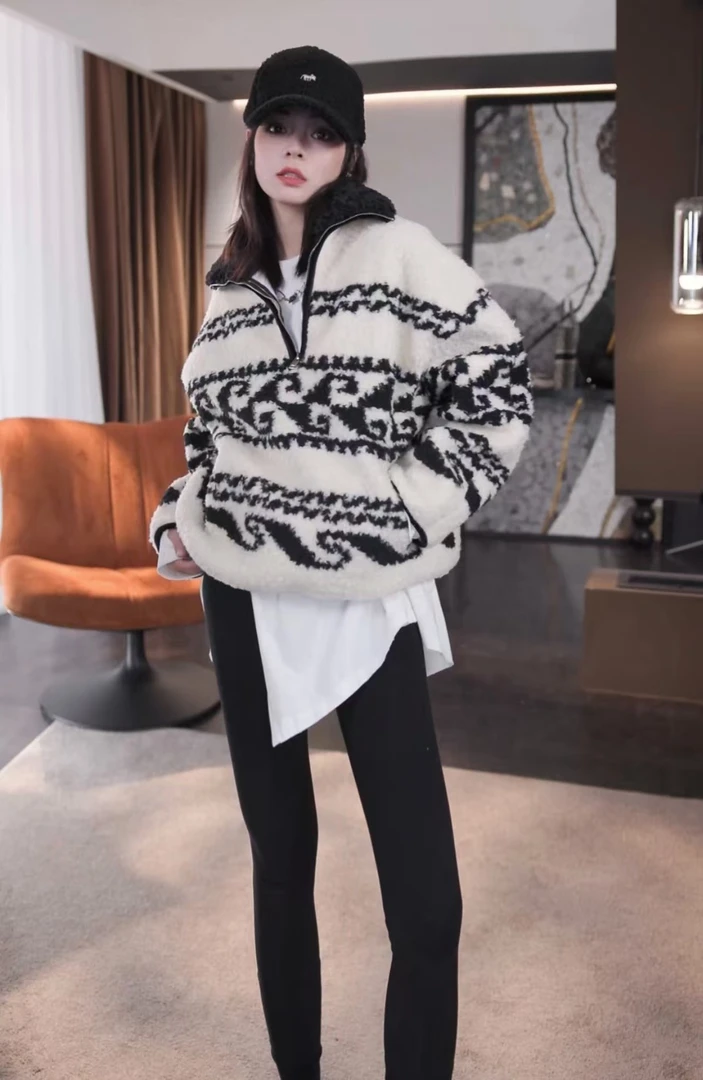 BANINGNA-2024欧货高定设计款复古黑白印花加厚羔毛翻领卫衣1212